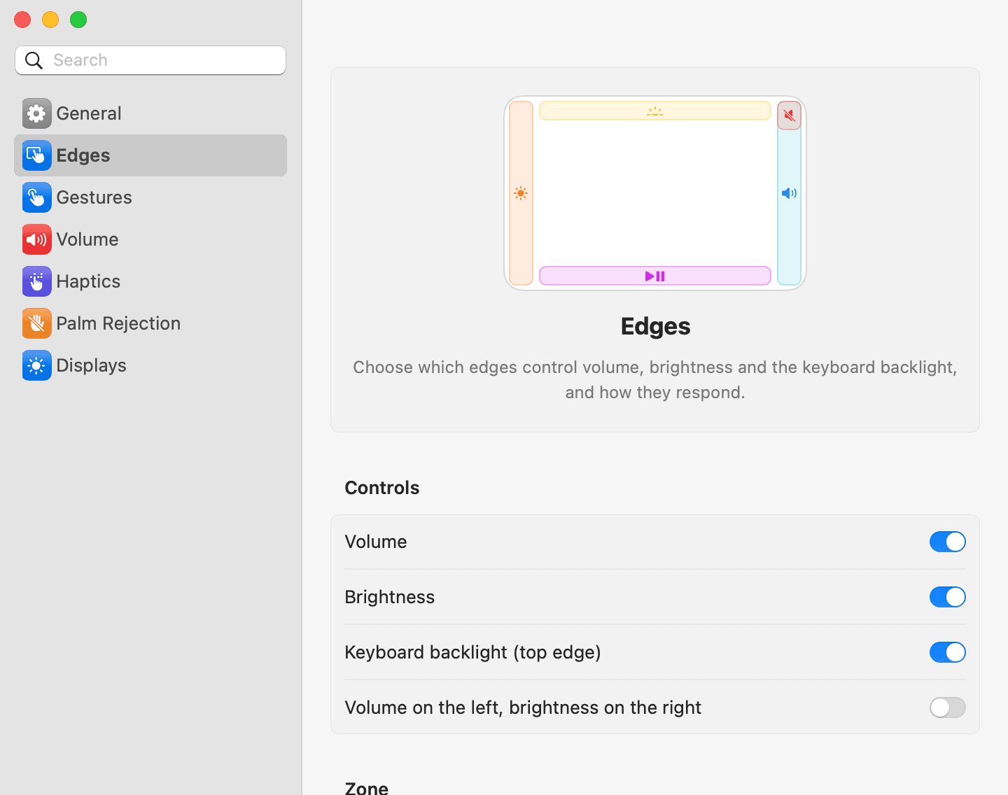 MacFader Settings, Edges pane: a diagram of the trackpad zones above switches for each edge